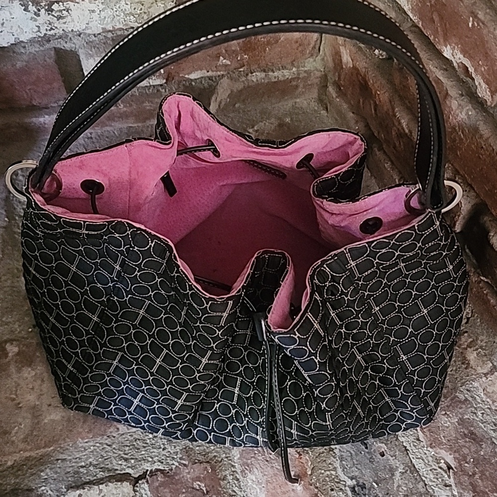 Kate Spade Vintage Quilted Nylon Bucket Hobo Bag Black Drawstring Pink Lining